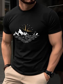 Men's Summer 100% Pure Cotton Casual Loose Black and White Lines Simple Geometric Pattern Round Neck Short Sleeved T-Shirt