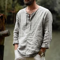 Men's Medieval Pirate Shirt - Historical Renaissance Faire Costume with V-Neck, Lace-Up Collar & Adjustable Drawstring Waist - L