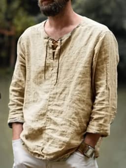 Men's Medieval Pirate Shirt - Historical Renaissance Faire Costume with V-Neck, Lace-Up Collar & Adjustable Drawstring Waist - L