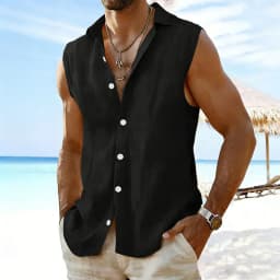 2026 Men's Sleeveless Cotton Linen Shirt Turn Down Collar Button Up Solid Regular Fit Summer Casual Beach Daily Outdoor Tops