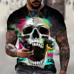 Men's summer 3D printed skull personalized cool print pattern punk rock retro men's trendy cool short sleeved T-shirt