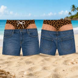 Funny Men Swim Trunks, Leopard Faux Bikini Beach Shorts Fake Denim Gift Shorts Novelty Gag Gift for Him Pool Party Outfit Shorts