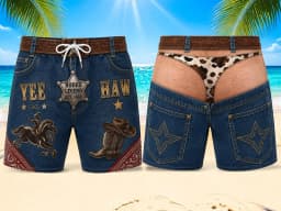 Funny Men Swim Trunks, Leopard Faux Bikini Beach Shorts Fake Denim Gift Shorts Novelty Gag Gift for Him Pool Party Outfit Shorts