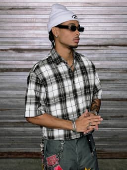Mens Oversized Checkered Short Sleeve Shirts, Classic Black White Grid Plaid Lapel Casual Button Up Shirt Hip Hop Vintage Daily
