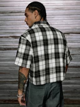 Mens Oversized Checkered Short Sleeve Shirts, Classic Black White Grid Plaid Lapel Casual Button Up Shirt Hip Hop Vintage Daily