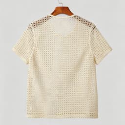Men Hollow Out Crochet Knit T Shirt Round Neck Short Sleeve See Through Mesh Top Breathable Vintage Beach Party Casual Tee S-2XL