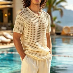 Men Hollow Out Crochet Knit T Shirt Round Neck Short Sleeve See Through Mesh Top Breathable Vintage Beach Party Casual Tee S-2XL