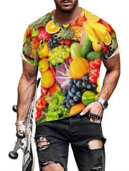 Funny Men's T-Shirt Watermelon Graphic Tee Fruit 3D Print O-Neck Short Sleeve Loose Big Belly Illusion Novelty Casual Top