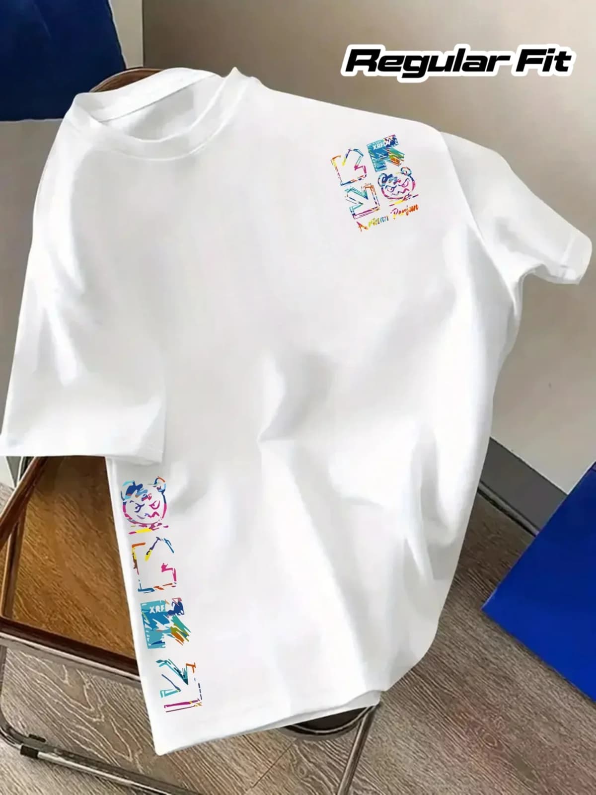 Men's 100% Cotton Graffiti Rainbow Letter Pattern T-Shirt Summer Casual Fashion Short-Sleeve T-Shirt Street Style Crew Neck Top