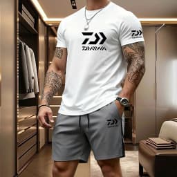 2026 Summer Men's Short Sleeved T-shirt Drawstring Shorts Set Breathable Outdoor Sports Set Men's Daily Fishing Suit