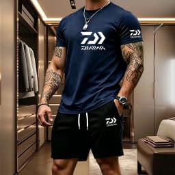 2026 Summer Men's Short Sleeved T-shirt Drawstring Shorts Set Breathable Outdoor Sports Set Men's Daily Fishing Suit