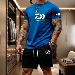 2026 Summer Men's Short Sleeved T-shirt Drawstring Shorts Set Breathable Outdoor Sports Set Men's Daily Fishing Suit