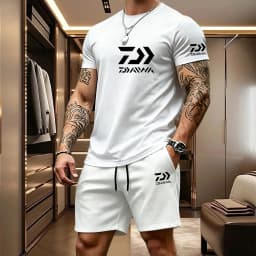 2026 Summer Men's Short Sleeved T-shirt Drawstring Shorts Set Breathable Outdoor Sports Set Men's Daily Fishing Suit