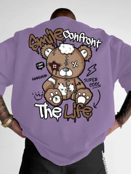 Summer New Men's Fashion Style Teddy Bear Letter Print Comfortable and Breathable Round Neck T-Shirt Outdoor High Street Top
