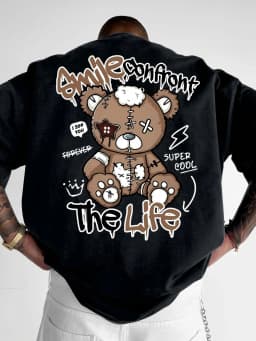 Summer New Men's Fashion Style Teddy Bear Letter Print Comfortable and Breathable Round Neck T-Shirt Outdoor High Street Top