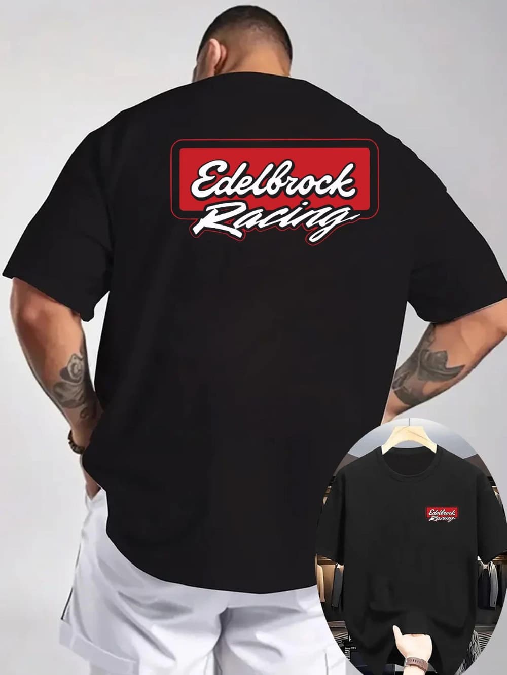 Men's Edelbrock Racing Graphic T-Shirt Light Grey Front and Back Print Sweatshirt Perfect for Racing Enthusiasts' Casual Wear