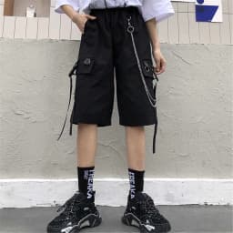 2026 Black Shorts With Chain Summer Casual Fashion Boardshort Bermuda Male Drawstring Elastic Waist With Chain Beach Shorts Men