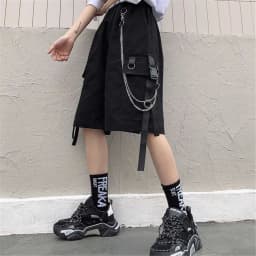 2026 Black Shorts With Chain Summer Casual Fashion Boardshort Bermuda Male Drawstring Elastic Waist With Chain Beach Shorts Men
