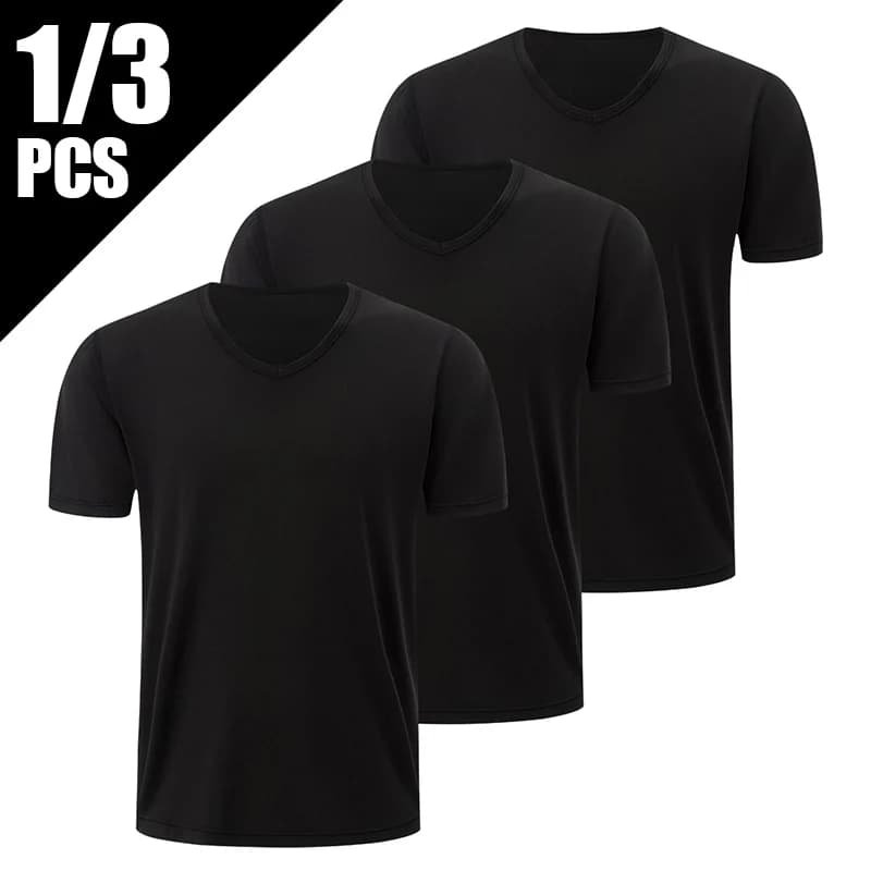 1/2/3 Piece Men's Solid Color Four Season Short Sleeved V-neck Sports And Comfortable Plus Size Youth Casual Base T-shirt