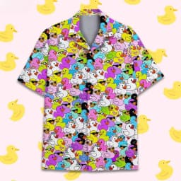 Funny Neon Rubber Duck Hawaiian Shirt for Men Galaxy Yellow Duck Mens Hawaiian Casual Button Down Shirts Short Sleeve Shirt Tops