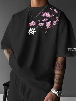 Summer Men Cherry Blossom Pattern Japanese Style Loose-Tee Shirt Suitable for Daily Wear Material Trendy Versatile