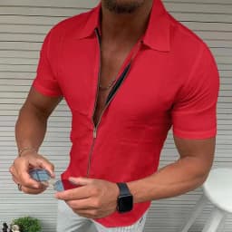 Men's Light Business Office Casual Zipper Short Sleeve Shirt Slim Fit Solid Color Lapel Cardigan Fashion Tops