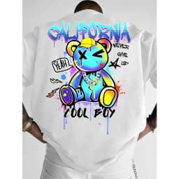 Summer New Men California Bear and Lightning Arrow Star Pattern Loose T-shirt 100% Pure Cotton Soft Material Versatile Trendy