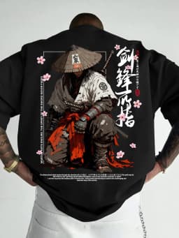 Summer Men's Japanese-style Ink-wash Samurai Pattern Casual Sports Street Style Trendy Short-sleeved T-shirt Soft Breathable