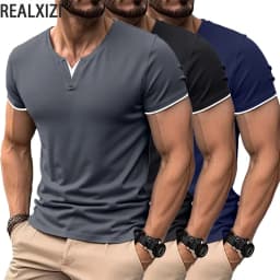 Mens Short Sleeve Henley Shirt Casual Summer V Neck T-Shirt Casual Slim Fit Basic Solid Color Loose Fitness Sport Breathable Top