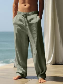 Autumn And Winter New Linen Elastic Drawstring Wide-Leg Pants for Men - Beach Vacation Linen Straight Leisure Long