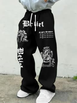 Men Gothic Vertical Graphic Wide Leg Sweatpants Drawstring Loose Straight Baggy Y2K Dark Punk Streetwear Pants.