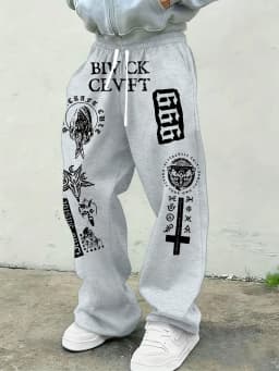 Men Gothic Vertical Graphic Wide Leg Sweatpants Drawstring Loose Straight Baggy Y2K Dark Punk Streetwear Pants.