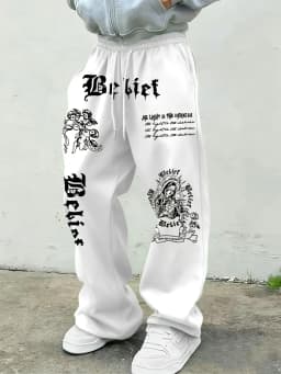Men Gothic Vertical Graphic Wide Leg Sweatpants Drawstring Loose Straight Baggy Y2K Dark Punk Streetwear Pants.
