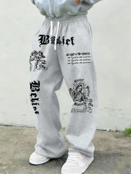 Men Gothic Vertical Graphic Wide Leg Sweatpants Drawstring Loose Straight Baggy Y2K Dark Punk Streetwear Pants.