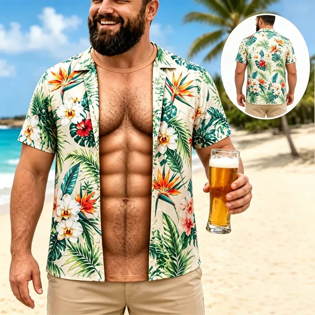 Men Funny Muscle Illusion T-Shirt, 3D Print Fake Open Hawaiian Tee, Too Hot To Handle Summer Holiday Casual Gift