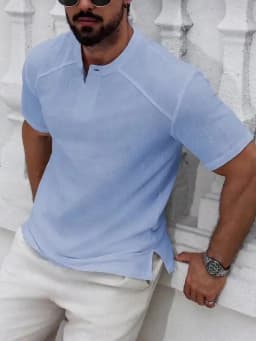 1PCS Mens Linen Short-Sleeved Shirt Top Round-Neck Pullover Casual Solid Color Henry Collar T-Shirt with Buttons Fashion Hippie