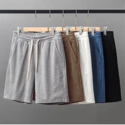 Men Shorts Solid Color Mid Waist Summer Motion Waffle Texture Deep Crotch Drawstring Male Shorts Loose Knee Length Casual Short