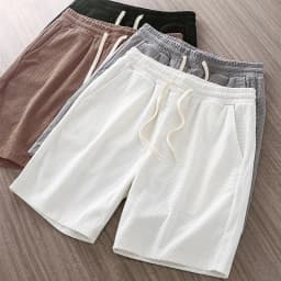 Men Shorts Solid Color Mid Waist Summer Motion Waffle Texture Deep Crotch Drawstring Male Shorts Loose Knee Length Casual Short