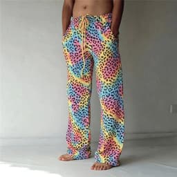 Men's Classic Leopard Print Drawstring Wide Leg Pants, Retro Casual Straight Pants for Spring & Summer