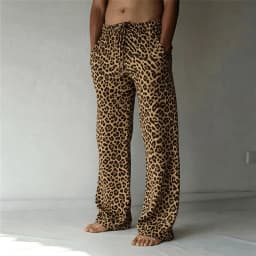 Men's Classic Leopard Print Drawstring Wide Leg Pants, Retro Casual Straight Pants for Spring & Summer