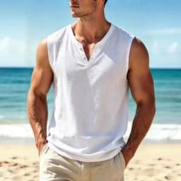 Men's Cotton Linen Henley Sleeveless Vest Lightweight Breathable Casual Summer Beach Solid V Neck Tank Top 2623