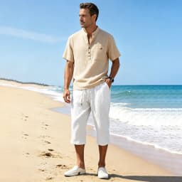Summer Men Linen Capri Pants Drawstring Waist Loose Solid Color Casual Trousers For Daily Beach Vacation Outdoor Travel Wear