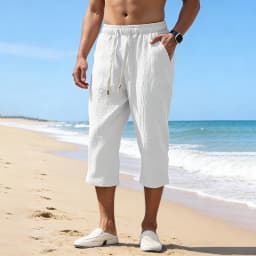 Summer Men Linen Capri Pants Drawstring Waist Loose Solid Color Casual Trousers For Daily Beach Vacation Outdoor Travel Wear