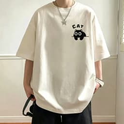 Men's Casual Oversized T‑Shirts Cute Black Cat Print Short Sleeve Tees Summer Loose Streetwear Basic Tops