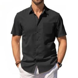 Men's Cotton Linen Shirt Summer Short Sleeve Button Up Hawaiian Lightweight Shirts Vacation Casual Lapel Collar Tops