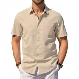Men's Cotton Linen Shirt Summer Short Sleeve Button Up Hawaiian Lightweight Shirts Vacation Casual Lapel Collar Tops