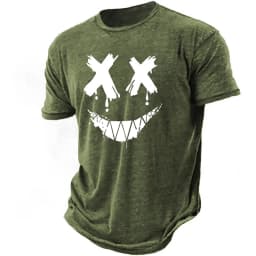Men's 3D smiling T-shirt paired with high-definition humorous retro printed round neck short sleeved street fitness casual top