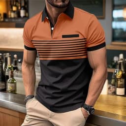 European and American Men's Summer Fashion Striped Print Comfortable Breathable Polo Shirt Outdoor Urban Casual Top