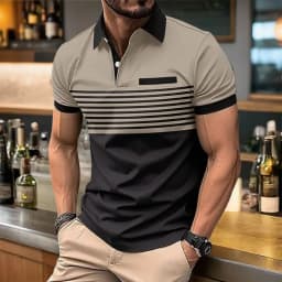 European and American Men's Summer Fashion Striped Print Comfortable Breathable Polo Shirt Outdoor Urban Casual Top