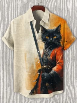 Men's Edo Cat Samurai Warrior Japanese Art Anime Shirts 3D Print Casual Hawaiian Shirts Summer Men Women Short Sleeve Blouse Top